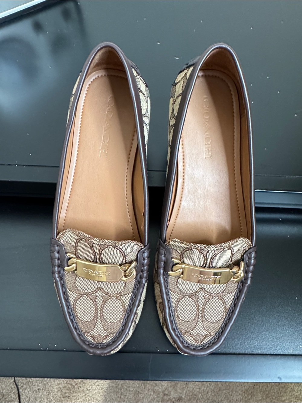 Coach Brown Signature Jacquard Loafers with Gold Hardware